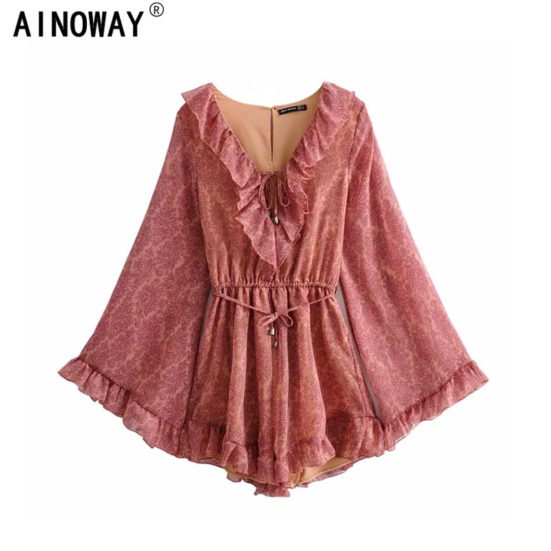 Женский винтажный шикарный комбинезон Бохо с цветочным принтом V-образным