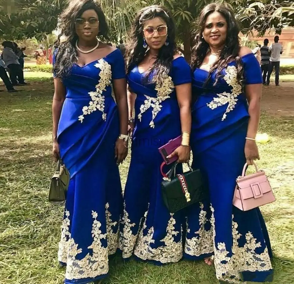 

2021 Royal Blue Mermaid Bridesmaid Dresses Off Shoulder Short Sleeve Draped Appliques Plus Size Wedding Guest Gowns Maid of Hon
