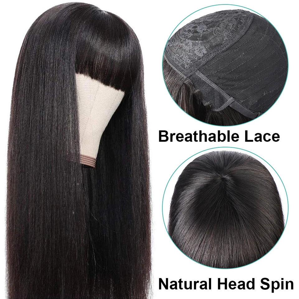 

Straight Human Hair Wigs With Bangs Full Machine Made Wigs Human Hair Wigs 30inch Wig Remy Brazilian Natural Wig