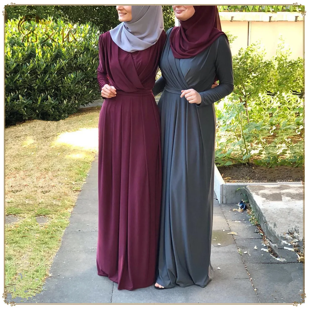 Мусульманские женские платья Средний Восток раньше Рамадан халат с поясом с V-образным вырезом элегантное модное однотонное платье в стиле ...