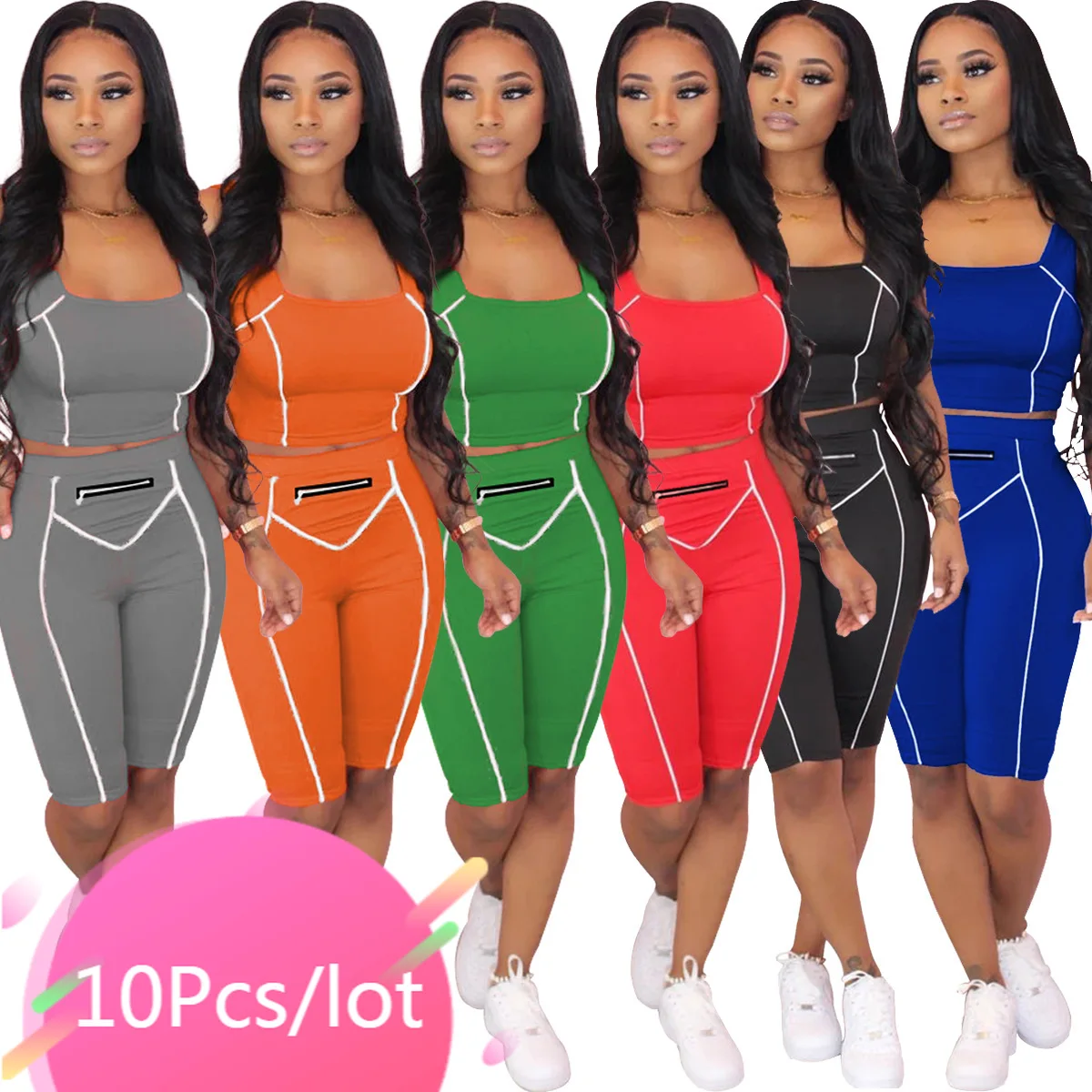 

Bulk Wholesale Item Clothing Summer Women Sets Solid Sleeveless Tank Tops Knee Length Shorts Bodycon Two Piece Matching Set 2021