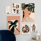 Постер с изображением леди, цветов, листьев, абстрактный, скандинавский стиль, настенная живопись, Картина на холсте для декора гостиной