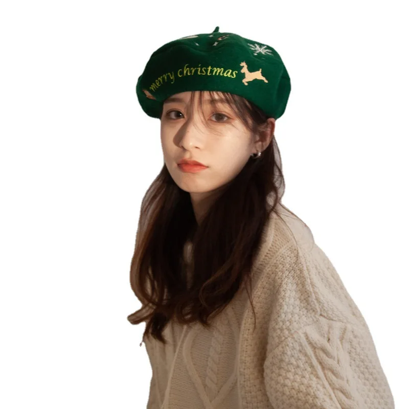 

Рождественские Зимние шапки для женщин, Мультяшные искусственные шерстяные шапки художника, зеленые, красные, женские, оптом