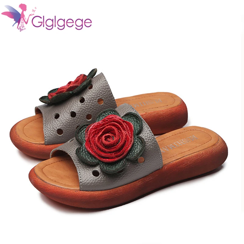 

Glglgege 2019 Summer Slippers Flower Retro Slippers Women Genuine Leather Muffin open toe Handmade Comfortable Women Flat Shoes