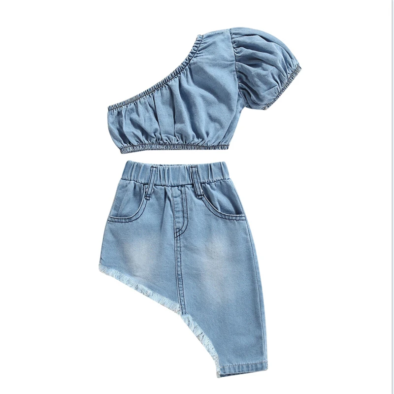 

New Girls Denim Clothes Set Solid Color Short Sleeve Off-shoulder Cropped Shirt + Irregular Hem Skirt Two Piece Streetwear