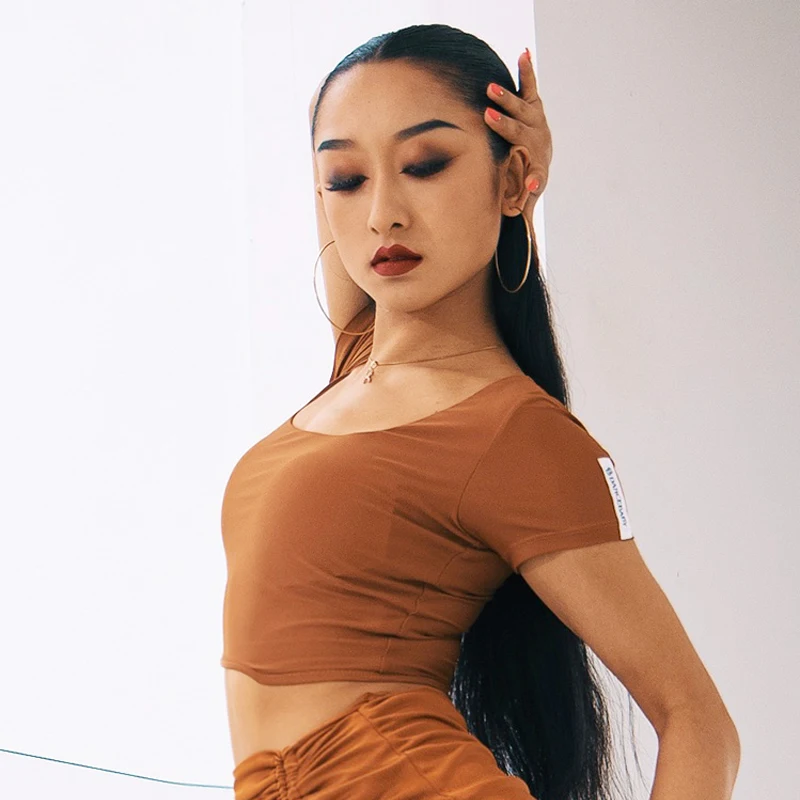 

Female Latin Dance Shirt New Summer Short Sleeve Practice Tops Rumba Dancewear Tango Dancing Clothing Cha Cha Outfits DWY5629