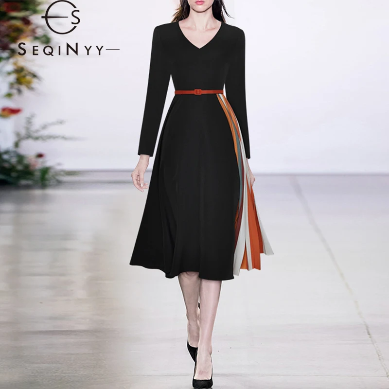 

Женское офисное платье SEQINYY на раннюю весну, новое модное дизайнерское женское модельное платье в яркую полоску, элегантное плиссированное ...