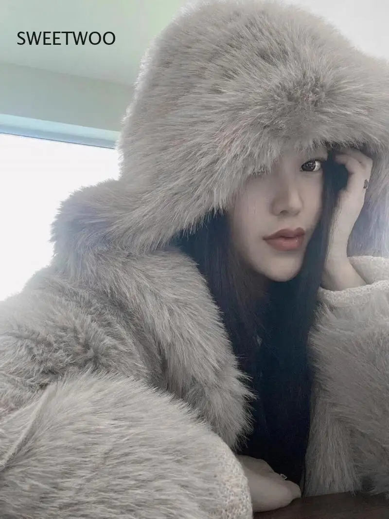 Autumn and Winter Imitation Fox Fur Coat Women's Winter Loose Mid Length Hooded New One-Piece Plush Thickened Jacket Casual Warm