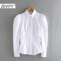 zevity women fashion pleats puff sleeve casual slim smock chic blouse lady waist press pleat blusas femininas shirts tops ls7237