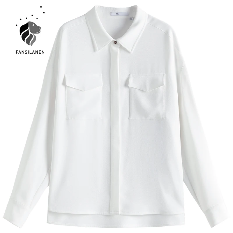 

FANSILANEN Office lady casual white blouse shirt Women long sleeve pocket elegant button up shirt Spring oversize female top