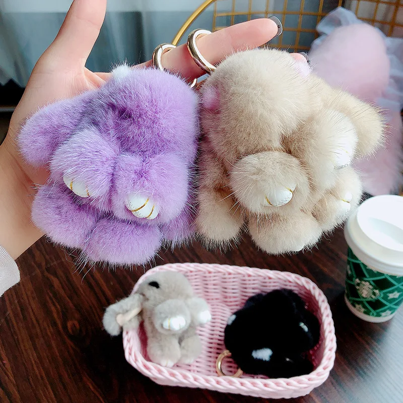 Игрушечный Кролик, подвеска из меха норки, милый женский брелок для машины, сумки, ключей, плюшевый шарм, роскошный брелок для ключей для женщин