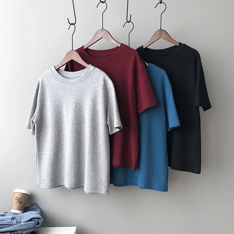 

Round Neck Solid Color Woman Cotton T-shirts Loose Solid Color Short Sleeve Women T-shirts Tops Spring Summer 2021 100% cotton