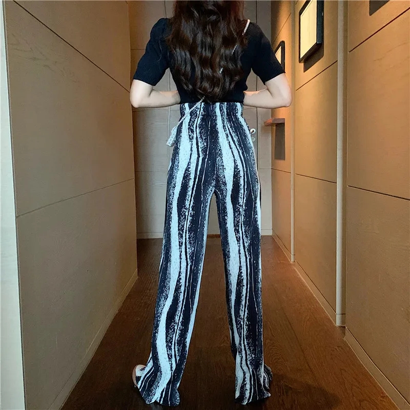 

Casual Pants Women Wide Leg Pleated Printed Harajuku Drape All-match Streetwear Kpop Fashion Ins Chic Ulzzang Femme Trousers New