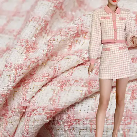 Белая восковая французская розовая твидовая ткань в клетку, материалы для одежды, осенняя куртка, швейная ткань, твидовая ткань, бесплатная ...