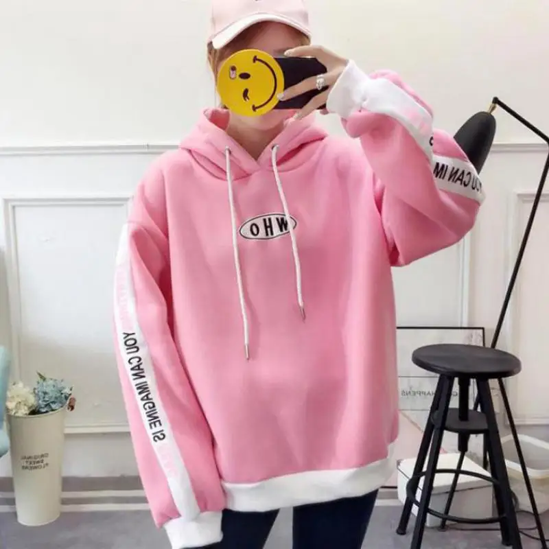 

Zuolunouba Winter Women Hoody Sweatshirt Stitching Harajuku Letters Lady Pullover Fleece Student Female Tops Long Sleeve Hoodie