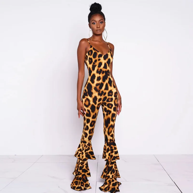 Женские леопардовые Комбинезоны на тонких лямках летние комбинезоны с оборками