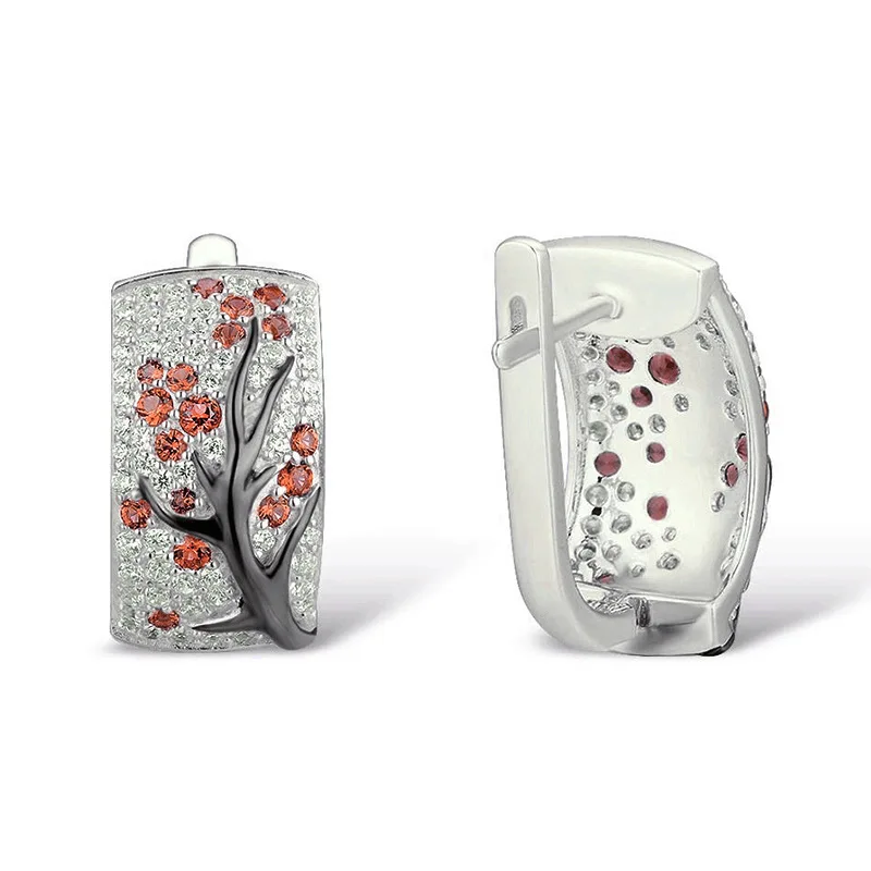 Роскошные серьги гвоздики с рисунком цветов сливы ветки дерева красные зеленые