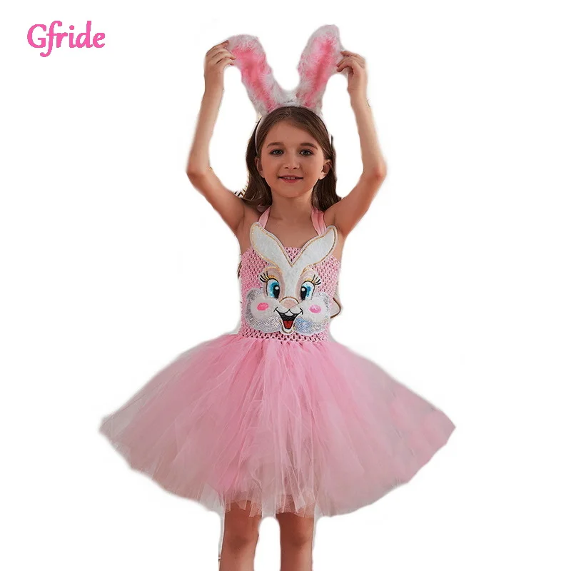 

Платье-пачка принцессы в виде кролика для девочек, детский праздничный костюм с животными, повязка на голову, розовая детская одежда, Пасха