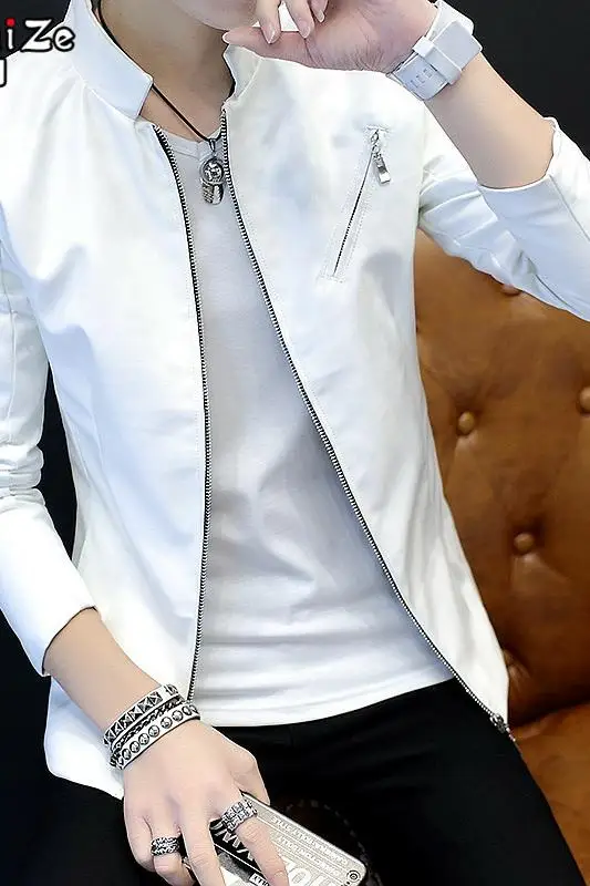 

New Mens Short PU Leather Jacket Black White Stand Collar Slim Fit Male Coat Motorcycle Style U13