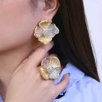 missvikki 2022 luxury dubai style big flower drop earrings open ring jewelry sets for women earrings ring bridal wedding jewelry
