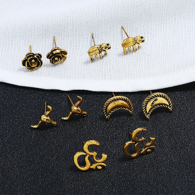 Модные простые серьги-гвоздики в форме слона золотого цвета стиле ретро набор