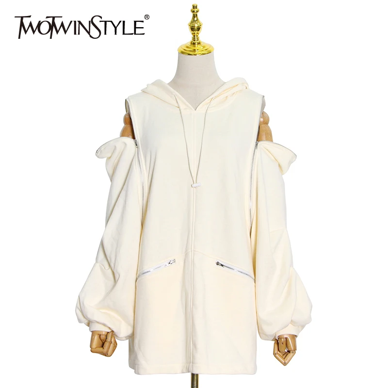 TWOTWINSTYLE Loose Solid Sweatshirt For Women Hooded Collar Long Sleeve Cut Out Casual Sweatshirts Female Korean Fashion Clothes