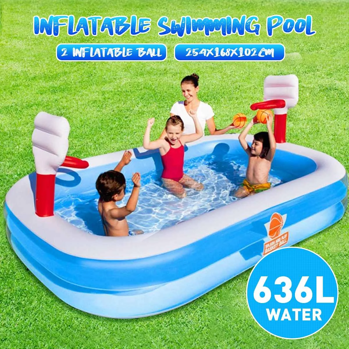

254x168x102cm Home Outdoor Swimming Pool Children's Inflatable Pool Water Basketball Home Paddling Pool with 2 Inflatable Ball