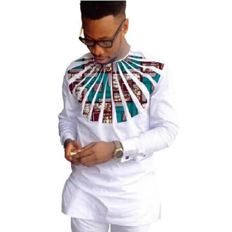 African clothing men's shirt O-neck Ankara white with print tops patchwork customized wear male dashiki for wedding | Мужская одежда
