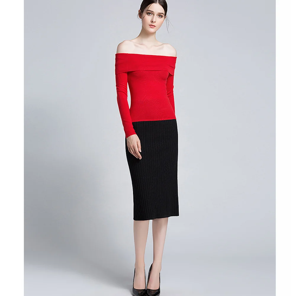 CESIUM Women Sexy Slash Neck Skinny Sweater Virgin Killer Knitted Black Pullover Casual Long Sleeve Solid Color Sweaters Tops | Женская