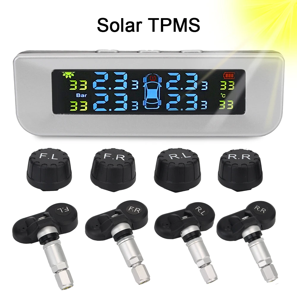 

Newest TPMS Car Accessories 4pcs External/Interior Sensors Solor USB Power Tyre Pressure Monitoring System Digital LCD Display