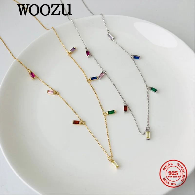 

WOOZU Real 925 Sterling Silver Rainbow Square Colorful Zircon Chain Clavicle Necklace For Women Wedding European Fashion Jewelry