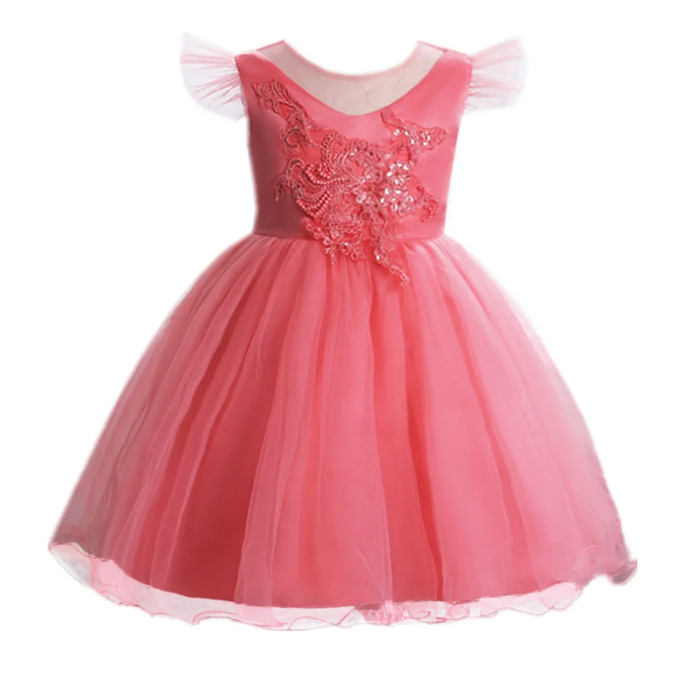 

European and American children's sequin flying sleeves mesh baby one-year-old wash dress wedding dress flower girl evening dress