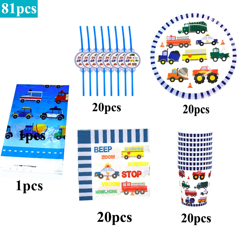 

81Pcs Toy Car Birthday Party Supplies Cartoon Theme Kid's Favor Disposable Tableware Set Napkins Plates Cups Straws Tablecloths