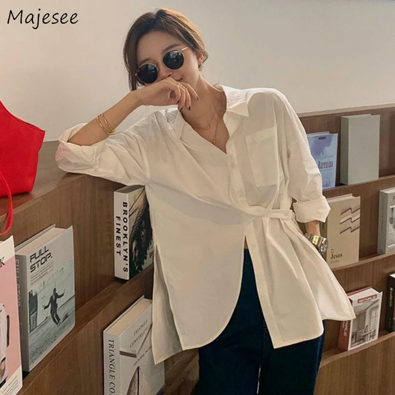 

Shirts Women Pure Turn-down Collar Irregular Design Elegant Streetwear Korean Style Loose Womens Casual Blouses Trendy Popular