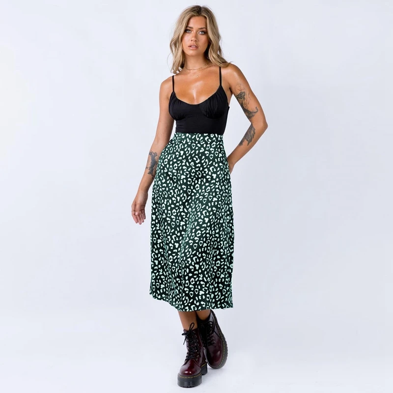 

2021 nueva Sexy raso estampado de leopardo Split falda de moda Casual faldas largas para las mujeres de primavera y verano de la