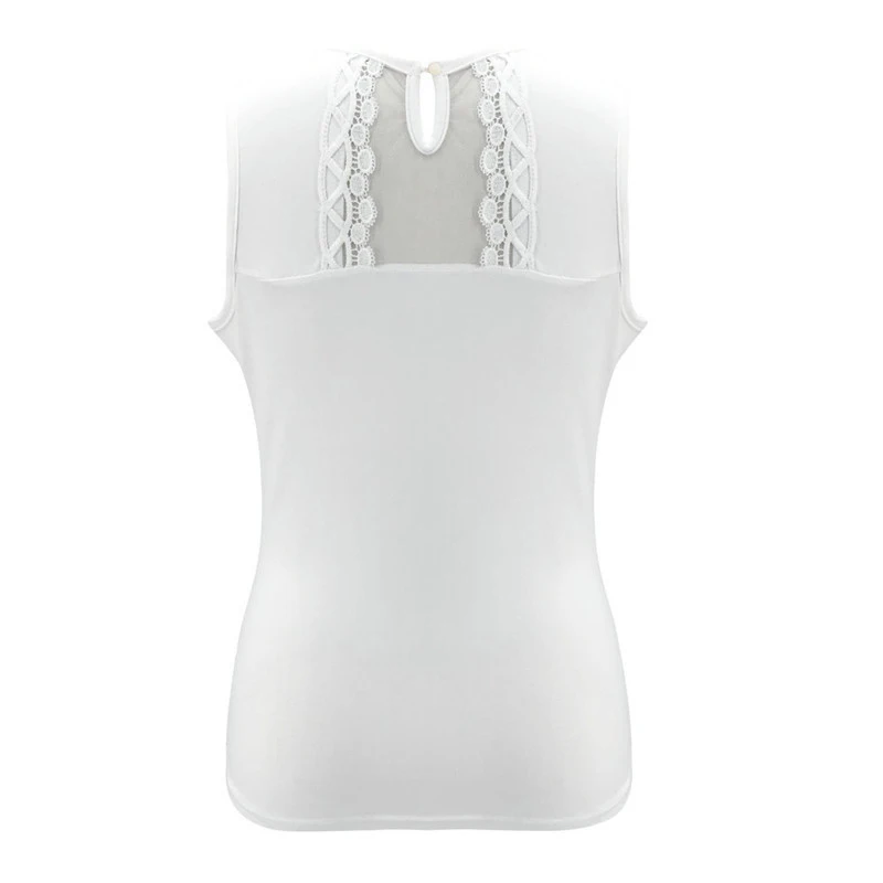 

Sexy Mesh Patchwork Lace Decor See Through T-shirt Women Solid O-Neck Sleeveless Slim Tops Summer Backless White T-Shirts Female