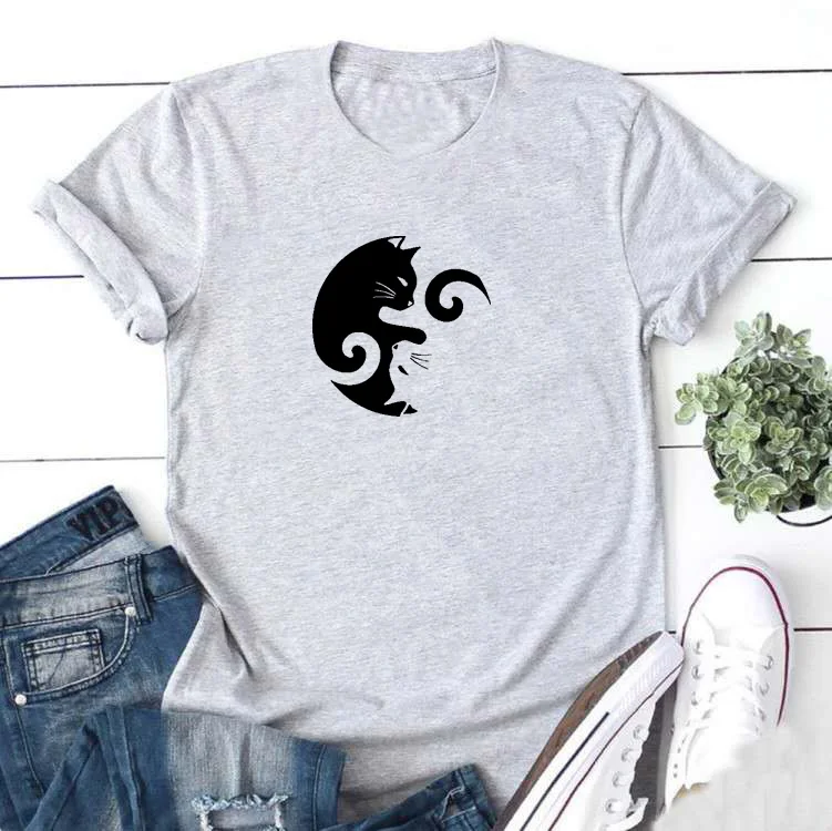 

Cute Cat Fashion T-shirt Women Summer Cotton T Shirt Women Harajuku O-neck Ladies Top Tee Shirt Femme Black & White