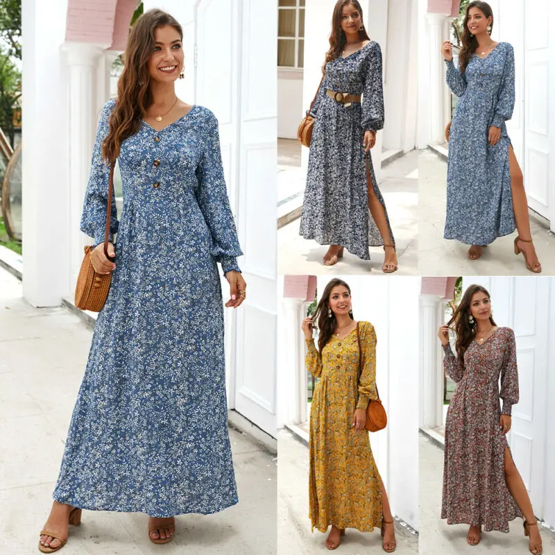 Женское винтажное платье макси праздничное Бохо С V образным вырезом и длинным