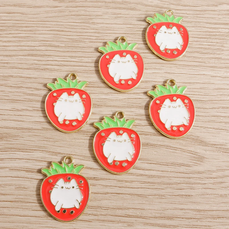 

10pcs 19*25mm Alloy Enamel Strawberry Charms for Jewelry Making Cute Animal Cat Charms Necklaces Earrings DIY Handmade Accessory