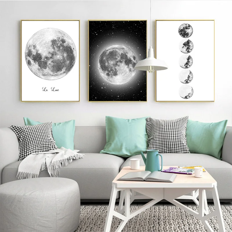 Минималистичная полнофазная Печать на холсте черно-белый постер La Luna настенные