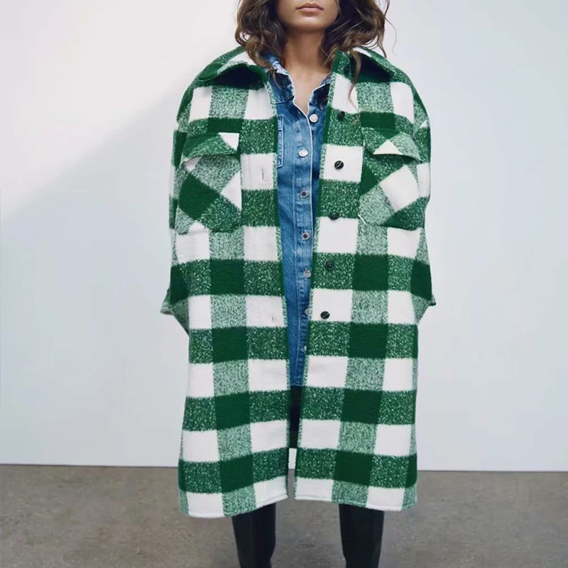 

KUMSVAG Women Autumn Winter Casual Loose Wool Blends Coats 2021 ZA Plaid Long Sleeve Overcoat Femael Fashion Street Outerwear