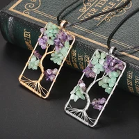 tree of life healing rock crystal necklace square wire wrapped gravel fluorite pendant chakra jewelry for womens girls ladies j