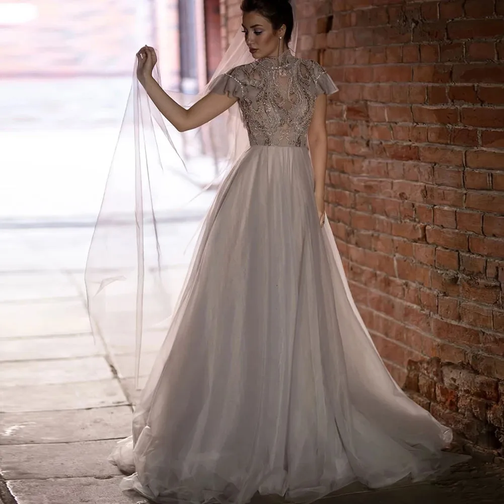 

A-Line Hot Sale Wedding Dresses High Illusion Cap Shoulder Veil Fashion Appliqued Luxury Beading 2021 Bridal Gown Robe de mariée