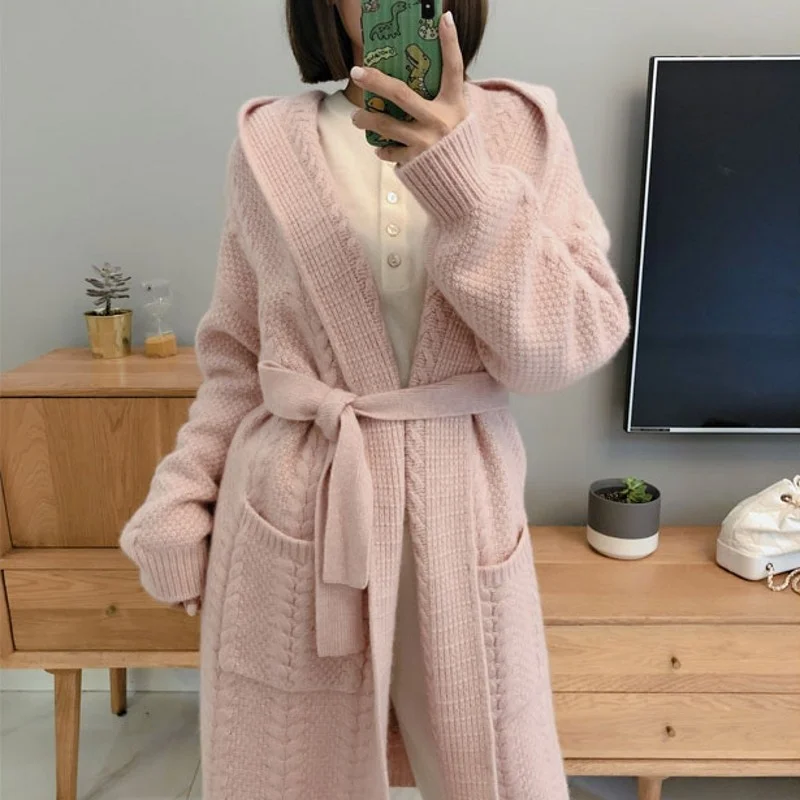 

Incoming V-neck pure cashmere cardigan women's long hooded thickened lazy sweater twisted loose coat