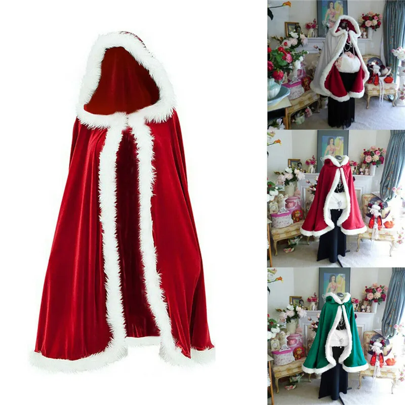 

1.2m Christmas free shipping Red Velvet Santa Claus Deluxe Cloak Cape with white Fluffy Trim one pieces