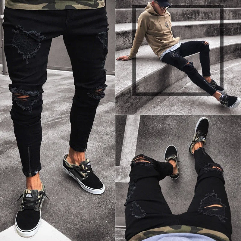 

Men Hole Slim Fit Straight Shabby Distressed Washed Hip Hop Denim Trousers Stretch High Street Jeans Trousers Versatile Leisure