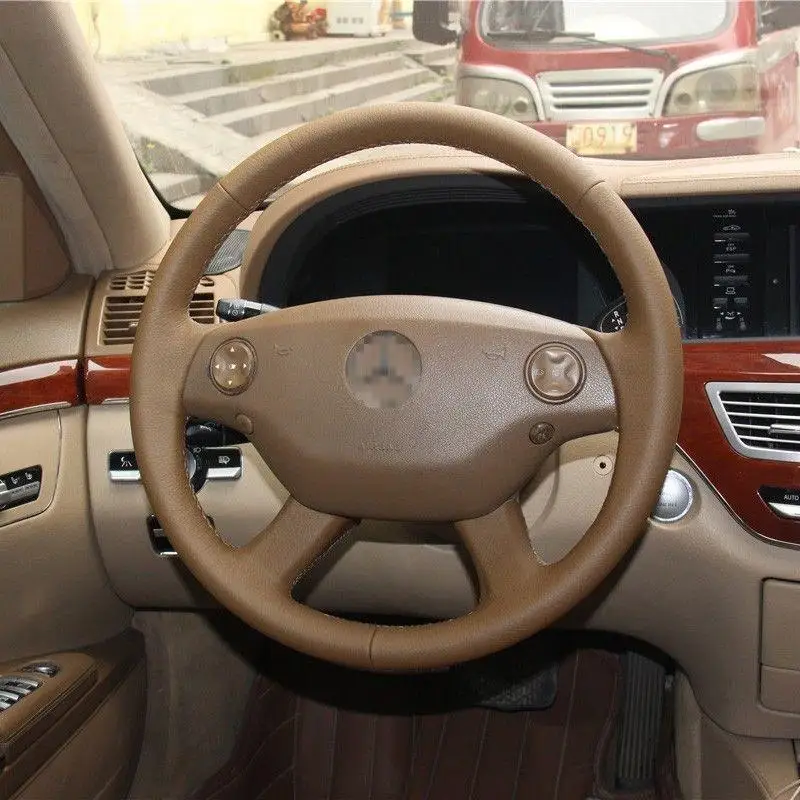 

Hand Sewing Brown Leather Steering Wheel Stitch on Wrap Cover For Benz S350 08