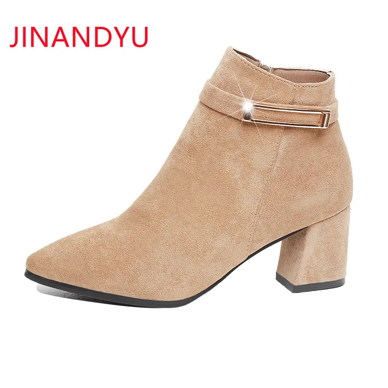 

High Heel Ankle Boots Flocks Shoes Women Chunky Heels Women Autumn Fashion Pink Black Shoes for Women High Heels Outdoor Boot