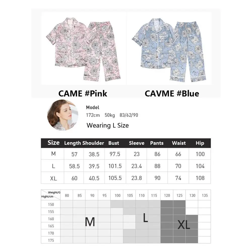 CAVME 100% Silk Pajama Sets for Women 2 Pieces Short Sleeve Sleepwear Plus Size Ladies Homewear Printing Nightwear