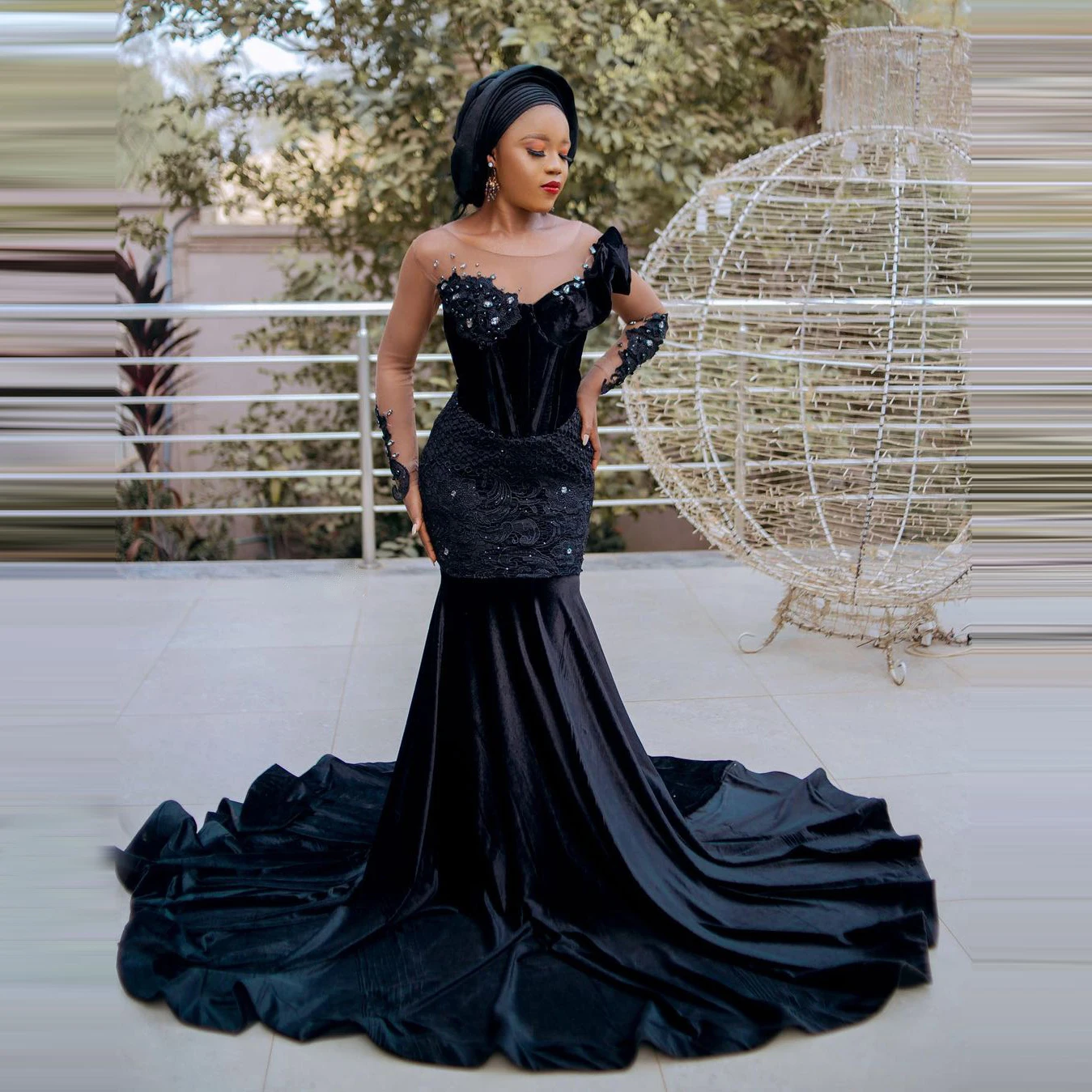 

Black velvet long-sleeved crystal lace mermaid banquet party prom evening dress aso ebi